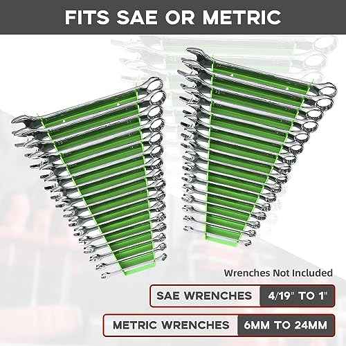 Plastic Wrench Organizer, Premium High-density Wrench Holder, Large Wrench Racks for Wall and Tool Box, 96 Slots Fit SAE& Metric Wrench Tray(6Green)