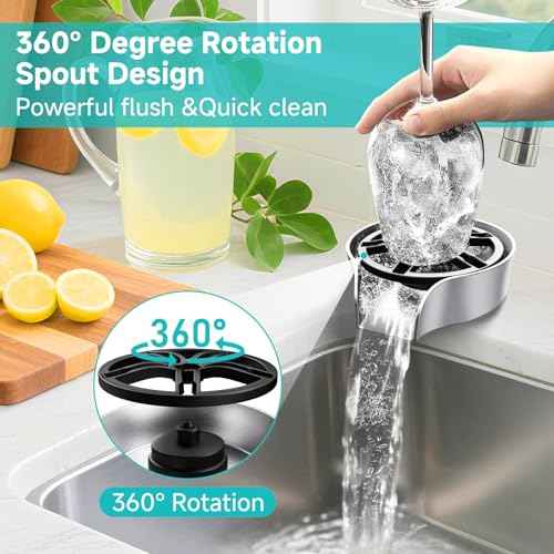 Glass Rinser for Kitchen Sink, High Pressure 360 Degree Rotating Spout Glass Rinser with Pull-out Spray Gun Design, Glass Cup Cleaner Sink Attachment Washer Baby Bottle, Glass Cup, Wine Glass (Silver)
