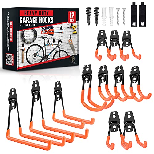 LARITS Garage Hooks for Hanging - 12 Garage Storage Hooks and 2 Cord Straps- 14-Piece Set