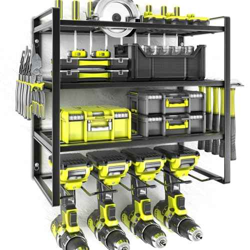 KAFAHOM Power Tool Organizer,4 Layer Drill Holders Wall Mount,Heavy Duty Metal Organizers and Storage Rack for Garage Organization,Tools Shelves with Screwdriver Plier/Hammer Holder, Black