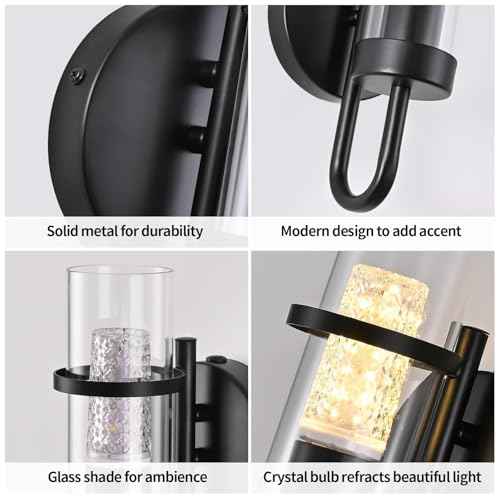 Battery Operated Wall Sconce Set of 2, Rechargeable Wireless Wall Lights with Remote, Dimmable Black Sconces with Clear Glass Shade for Bedroom Living Room Hallway, 3000K Crystal Bulb Included