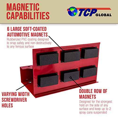 TCP Global Magnetic Spray Can Holder Wall Mount, 2 Aerosol Cans Holder, 5 Screwdriver Tray & Spray Can Organizer, Magnetic Bottle Shelf for Home Workspace and Garage