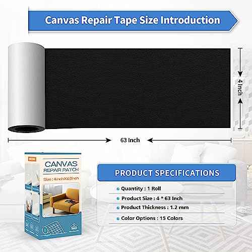 KING MOUNTAIN Canvas Repair Tape,Outdoor Gear Patch, 4¡¿63 Inches,Waterproof,Self-Adhesive for Repairing Boat Covers,Sun Shades,Sofas,Tents,Lounge Chairs,Awnings (Black)