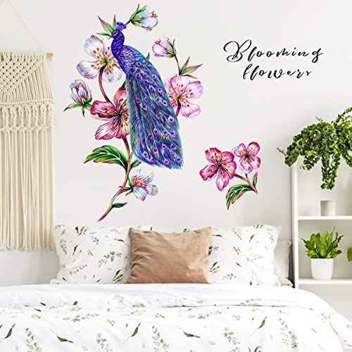 Watercolor Peacock on Flower Tree Branch Wall Decal Blue Peacock Wall Stickers Removable Living Room Girls Bedroom Office Sofa TV Background Wall D?cor