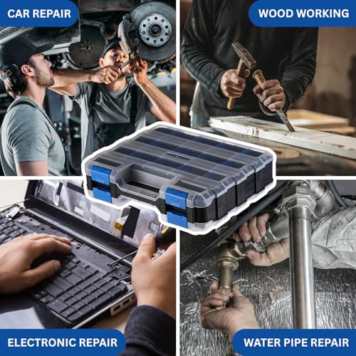 Andalus Tools Organizer Box, Small Parts Storage 34-Compartment Double-Sided Portable Hardware Organizer Removable Plastic Dividers for Screws, Nuts, Bolts, Nails ? Blue (2 Pack, 12.5" x 10.5" x 3")