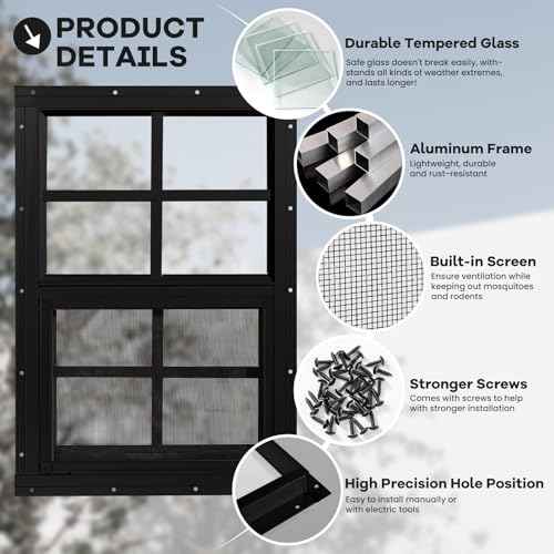 Shed Windows 2 Pack, Chicken Coop Windows 12" x 18" with Tempered Glass and Fiberglass Screen, Flush Mounted Small Window for Shed, Barns, Playhouse, Household, Garage (Black)