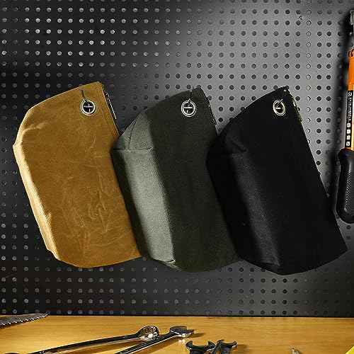 Heavy Duty 16oz Waxed Canvas Tool Storage Bags, Standable One-Piece Tool Organization Pouch - 3 Pack Pouches with Brass Zipper & Grommet (Small)