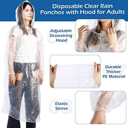 Berlune 50 Pcs Disposable Rain Ponchos for Adults Thick Disposable Ponchos Bulk with Hood Emergency Raincoats for Camping Themed Park, Clear