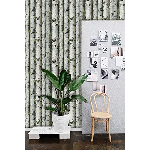 HAOKHOME Forest Wallpaper Peel and Stick Wood Birch Tree Removable Grey/Brown/Green Vinyl Contact Paper Self Adhesive Mural 17.7in x 9.8ft