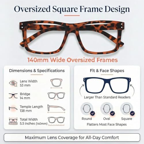 Eyekepper 5 Pack Reading Glasses +3.25, Oversized Square Large Frame Readers for Men Women, Fashion Spring Hinge Eyeglasses, Multi-Color Value Pack