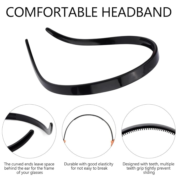 TOBATOBA Black Square Headbands for Glasses & Sunglasses - No Pressure, No Headache - Comfortable Non-Slip Headbands for Women & Girls, 6 Pcs