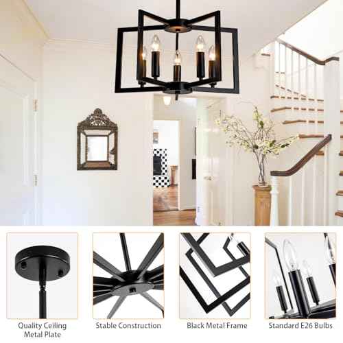 Black Chandelier,5-Light Dining Room Light Fixture Modern Farmhouse Geometric Metal Hanging Industrial Chandeliers for Entryway Kitchen Island Foyer Lighting Fixtures