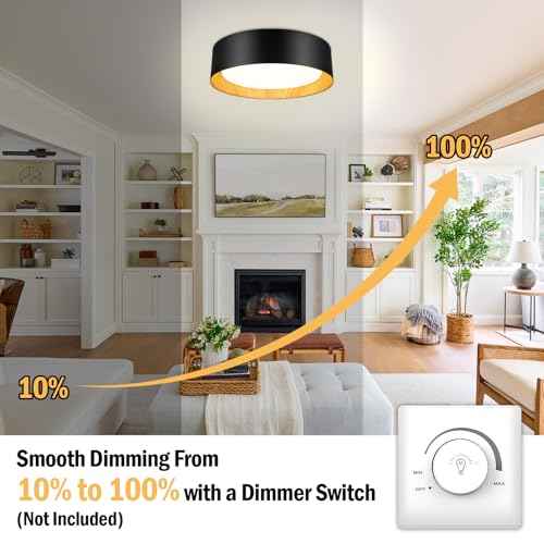 BrightHome Flush Mount Ceiling Light, 13in 2600LM 25W(300W Equiv), LED Ceiling Light Fixture 5CCT 2700K 3000K 4000K 5000K 6000K, Dimmable Ceiling Lamp for Bedroom Bathroom Hallway, Black and Wood