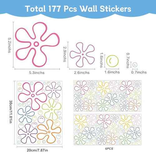 177 Pcs Flowers and Bubbles Wall Decals, Under The Sea Birthday Party Peel and Stick Colorful Bubble Stickers, 6 Sheets, 30cm x 20cm Each, Static Cling, Removable