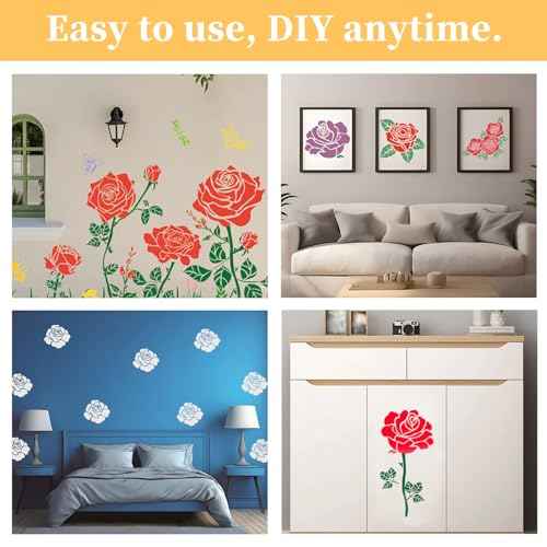9pcs Large Rose Stencil 12X12Inch - Reusable & Easy Clean Giant Rose Template with Instructions for Walls, Wood, Fence, Fabric & More (Rose)