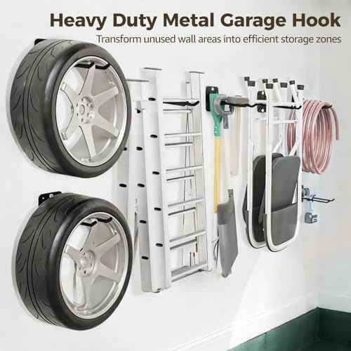 4 PCS Heavy Duty Garage Hooks, 12.2 in Wall Mount Long Hangers with Non-Slip Coating, Strong Metal Hooks for Chairs, Power Tools, Garden Tools, Ladders, Tires, Garage Organization