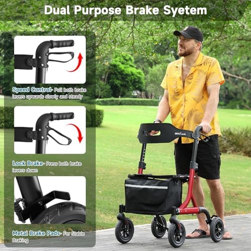 Walkers for Seniors, Rollator Walker with Seat, 8" Rubber Wheels All Terrain Rollator Walker with Backrest, Aluminum Walkers Built-in Cable, Foldable and Adjustable Height for Seniors, Red