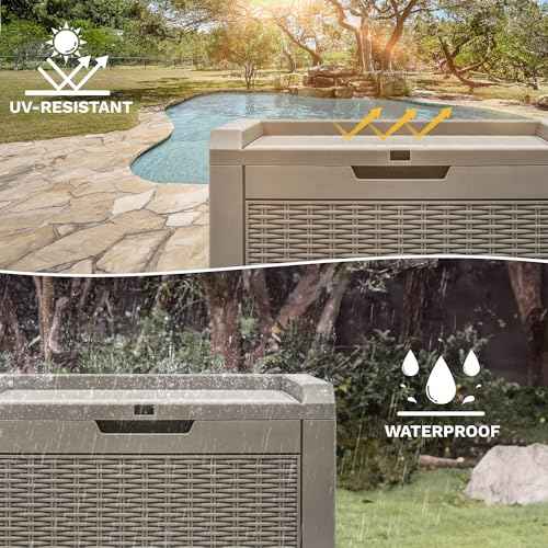 DWVO 32 Gallon Indoor Outdoor Storage Box, Resin Rattan Small Deck Box for Patio Furniture, Cushions, Garden Tools, Sports Equipment,Brown