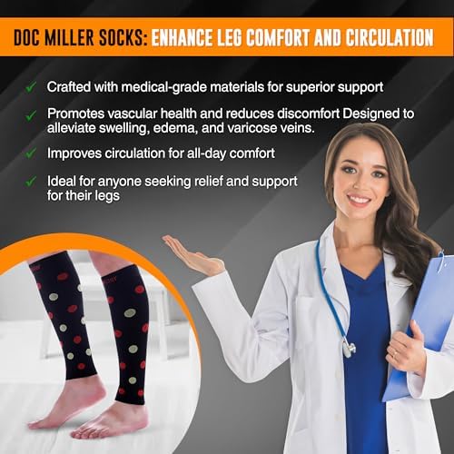 Doc Miller Calf Compression Sleeve – Footless Socks for Women & Men, 20-30mmHg, Shin Splint & Leg Cramp Support, Varicose Veins, Knee High, 1 Pair, Polka Dot