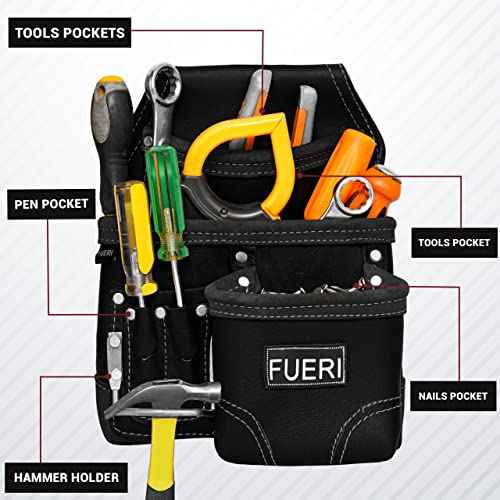 FUERI Leather Tool Pouches with Belt Clip Utility Bags Work Heavy Duty Belts Bag Pouch for Construction Carpenter Electrician Framer Men Women - 7 Pocket