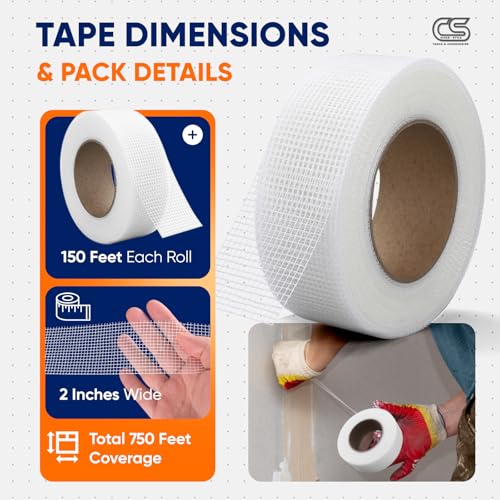 CLEAR STYLE Self-Adhesive Fiberglass Drywall Joint Mesh Tape 150Ft x 2 Inch, Crack-Resistant, Strong Fiberglass Joint Tape for Seamless Drywall Repairs (5 Pack White)