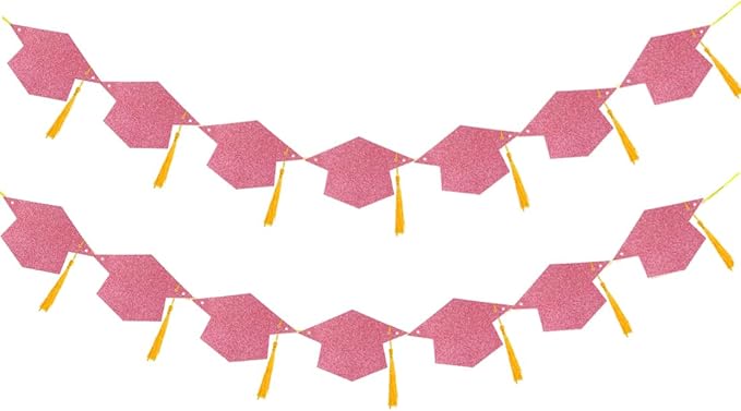 Graduation Decoration Banners 2026 Rose Gold Glitter Graduation Hats with Tassel Banners Garlands Class of 2026 Graduations Party Banners for College High School Graduations Party Decorations