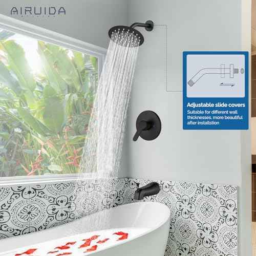 Airuida Shower Faucet Set with Tub Spout Bathtub Faucet Kit Shower Tub Faucet Set Complete Tub Shower Trim Kit with Solid Brass Rough-in Valve Rainfall Round Shower Head, 6 Inch, Matte Black