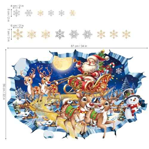 decalmile 3D Christmas Santa Claus & Reindeer Wall Decals, Multicolor, Waterproof, PVC, Perfect for Walls, Windows, Tiles, Furniture, Mirrors & Refrigerators
