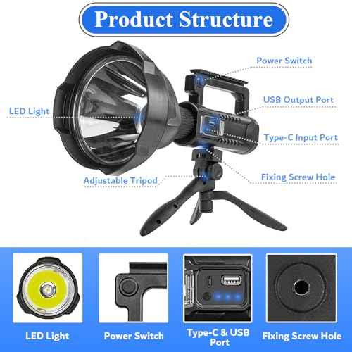 Rechargeable Spotlight Flashlight High Lumens 3,000,000L, Super Bright Led Spot Light Outdoor with Adjustable Tripod, 4 Modes High Powered Handheld with USB C, Waterproof for Boat, Emergency