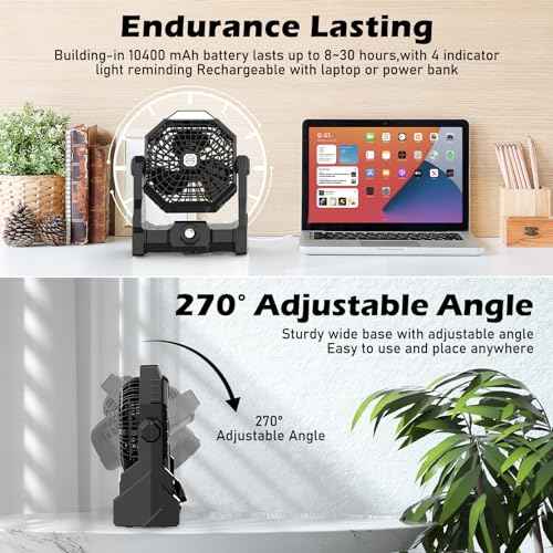 Camping Fan Rechargeable, 10400mAh Portable Battery Operated Camping Fan for Tents, Hangable USB Silent Camping Fans with LED Lantern, Suitable for Fishing, Camping, Bedroom, Workplace (Black)