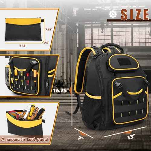 Tool Backpack with a Tool Pouch, Heavy Duty Tool Bag with Multiple Pockets, Black