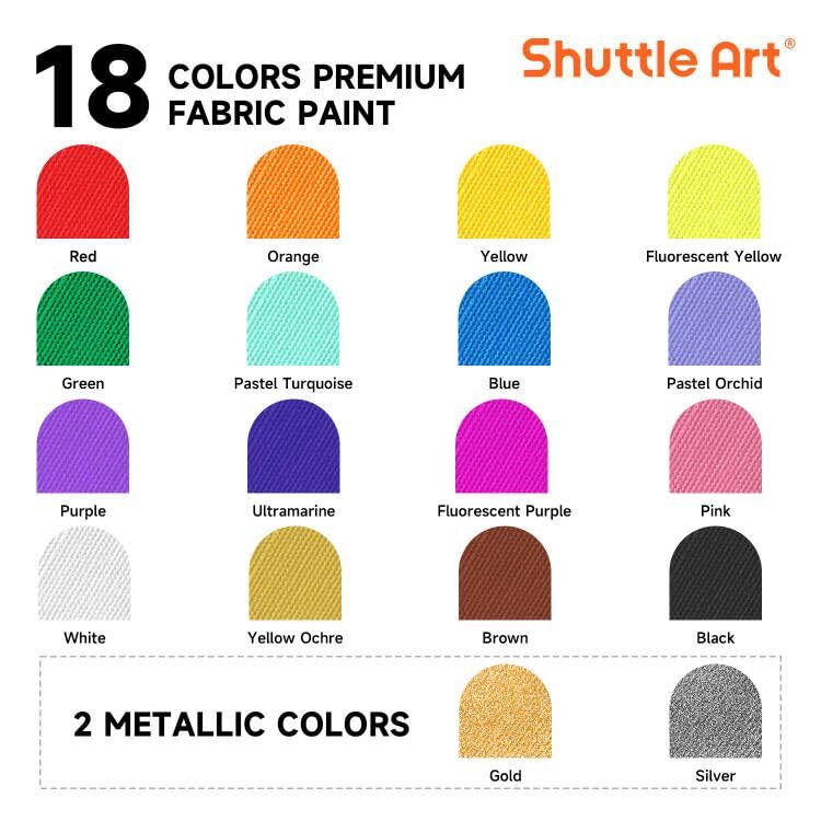 Shuttle Art Fabric Paint, 18 Colors Permanent Soft Fabric Paint in Bottles (60ml/2oz) with Brushes, Palette, Stencils, Non-Toxic Textile Paint for T-Shirts, Shoes, Jeans, Bags, DIY Projects&Art