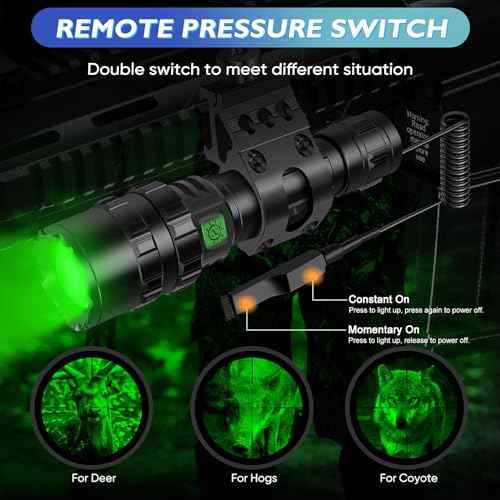 WINDFIRE Green LED Flashlight, USB Rechargeable Green Tactical Flashlight, Zoomable & 5 Lighting Modes Green Hunting Lights, Predator Hog Pig Coyote Light Hunter Torch with Dual Pressure Switch