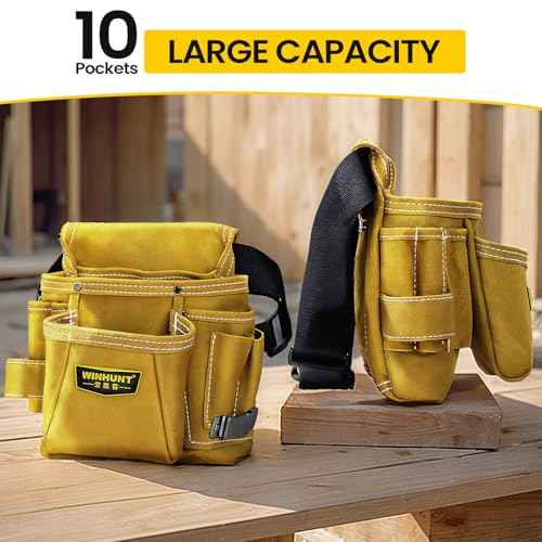Leather Tool Pouch, Multiple Pockets, Tan Suede Construction, Professional Carpenter Utility Bag