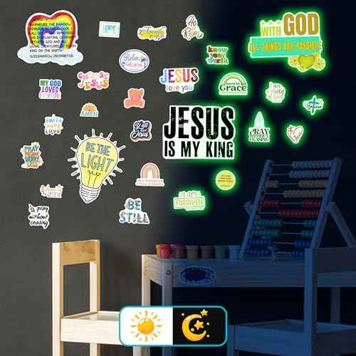 Jesus Christian Bible Wall Decals Glow in The Dark, Christ Faith Inspirational Motivational Room Decor, Positive Peel and Stick Wallpaper Kids Sticker