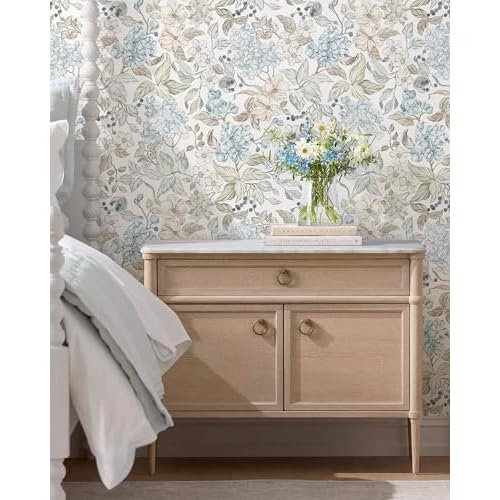 Heroad Floral Peel and Stick Wallpaper Boho Contact Paper Blue Floral Colourful Wildflower Botanical Wallpaper Removable Self-Adhesive for Bedroom Bathroom Decoration Thicken Vinyl 17.3'' x 78.7''