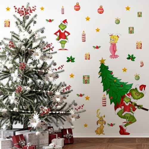 33.85 x 33.18 Inch Christmas Wall Decals Christmas Tree Wall Stickers Removable Christmas Window Decal Sticker Decor for Holiday Living Room Bedroom Decorations