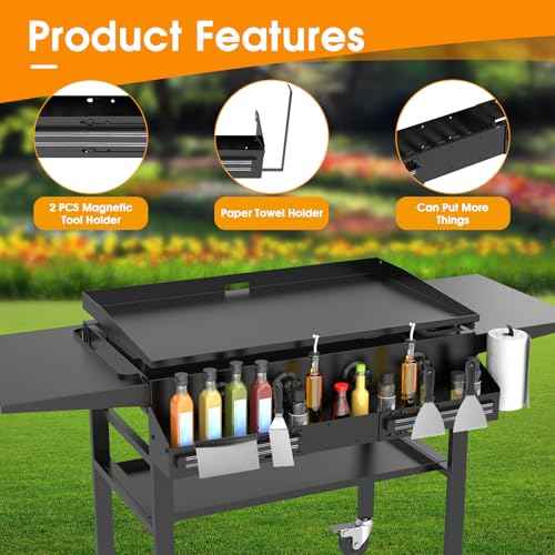 Universal Front Griddle Caddy for Blackstone 28" & 36" Griddles, Front Tool/Bottle Shelf with 2PCS Magnetic Tool Holder & Paper Towel Holder for Blackstone Griddle, Space Saving Storage Caddy