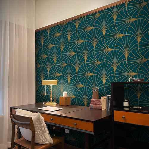 Safiyya 118"x17.3" Wallpaper Gold and Teal Blue Peel and Stick Wallpaper Geometric Stripe Contact Paper Self Adhesive Removable Wallpaper Modern Boho Contact Paper for Walls Covering Vinyl Rolls