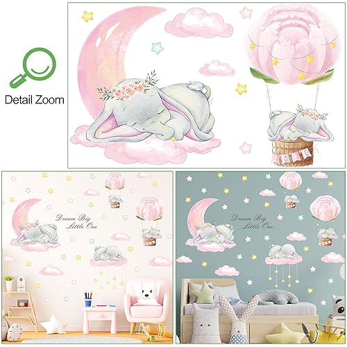 Removable 3D Cartoon Elephant Sleeping on the Moon and Cloud Wall Decor Sweet Dream Princess Little Girls Bedroom Wall Decal Hot Air Ballon Stars Wall Sticker for Baby Children Rooms Playroom Nursery