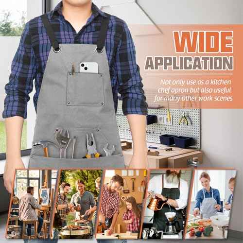 Adjustable Work Apron for Men,Heavy Duty Canvas Shop Apron Crossback with Tool Pockets (Grey)