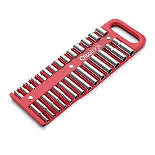 Olsa Tools Magnetic Portable Socket Organizer Tray - 3/8-Inch Drive - Red Holder for Deep & Shallow Sockets - Fits up to 1" SAE or 24mm Metric - Quality Tool Organizer for Professionals - Part 1076
