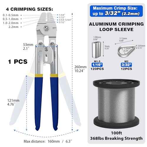 Sanuke Wire Rope Crimping Tool Kit, 100FT 1/16" Stainless Steel Cable 7X7 Strand Core, 100PCS Aluminum Crimping Loop Sleeve, 12PCS Wire Rope Thimble