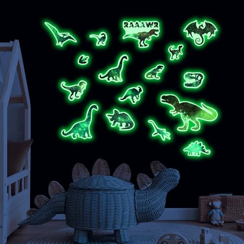 Glow in The Dark Dinosaurs Wall Decals, Glitter Dino Stickers for Boys Room, Luminous Stars Ceiling Decor for Bedroom Playroom Nursery