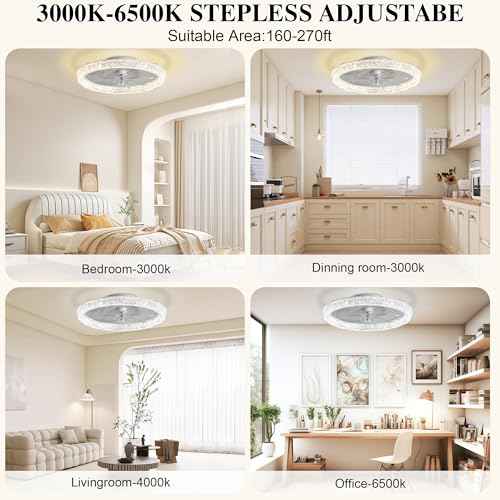 Ceiling Fans with Lights and Remote Fandelier - 20'' Flush Mount Low Profile Modern Ceiling Fans for Bedroom - Stepless Color Temperature and 6 Speeds, White Regular Crystal