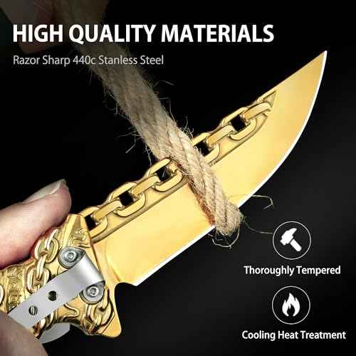 NedFoss CHAIN Pocket Knife, Mothers Day Christmas Gifts for Mom Dad Wife Husband, 3.5 inch Folding Knives, Cool knives with 3D Pattern Handle, Personalized Pocket Knife Gifts For Men Women (Gold)
