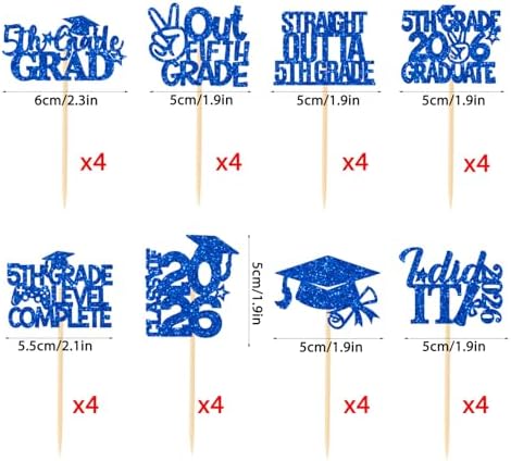 32 Pieces Blue Glittery 5th Grade Grad Cupcake Toppers Class of 2026 5th Grade Graduate Peace out Fifth Grade Cupcake Picks with Grad Cap Diploma 2026 Graduation Cupcake Party Decorations