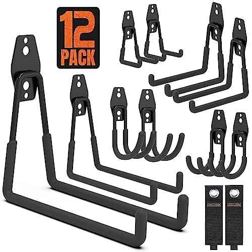 Garage Hooks, 12 Pack Wall Storage Hook Includes 2 Extension Cord Holder, Utility Organization, Heavy Duty Wall Mount Hangers for Hanging Bike, Ladder, Garden Tools