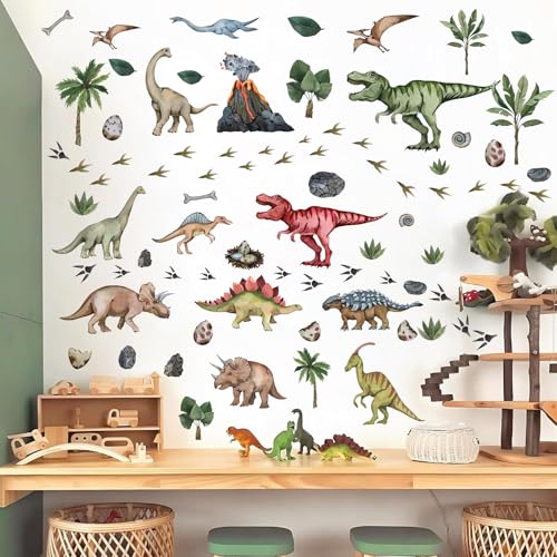 Large Dinosaur Wall Stickers Peel and Stick Dinosaur Footprint Wall Decals Tropical Leaf Palm Tree Wall Stickers Dino Feet Colorful Dinosaurs Wall Decals for Boys Room Bedroom Nursery