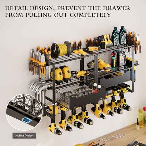 Power Tool Organizer Wall Mount, Tool Organizer and Storage for Garage, 8 Drill Holder with 2 Tool Drawers, 4 Layer Garage Tool Rack, Garage Wall Organizer with Screwdriver/Plier/Hammer Holder(Black)